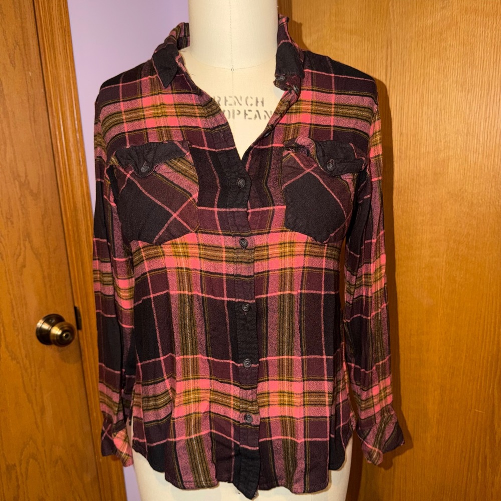 Sanctuary Plaid Button Down Shirt Women Size S Pink Burgundy XB0001ZRF Long Slv